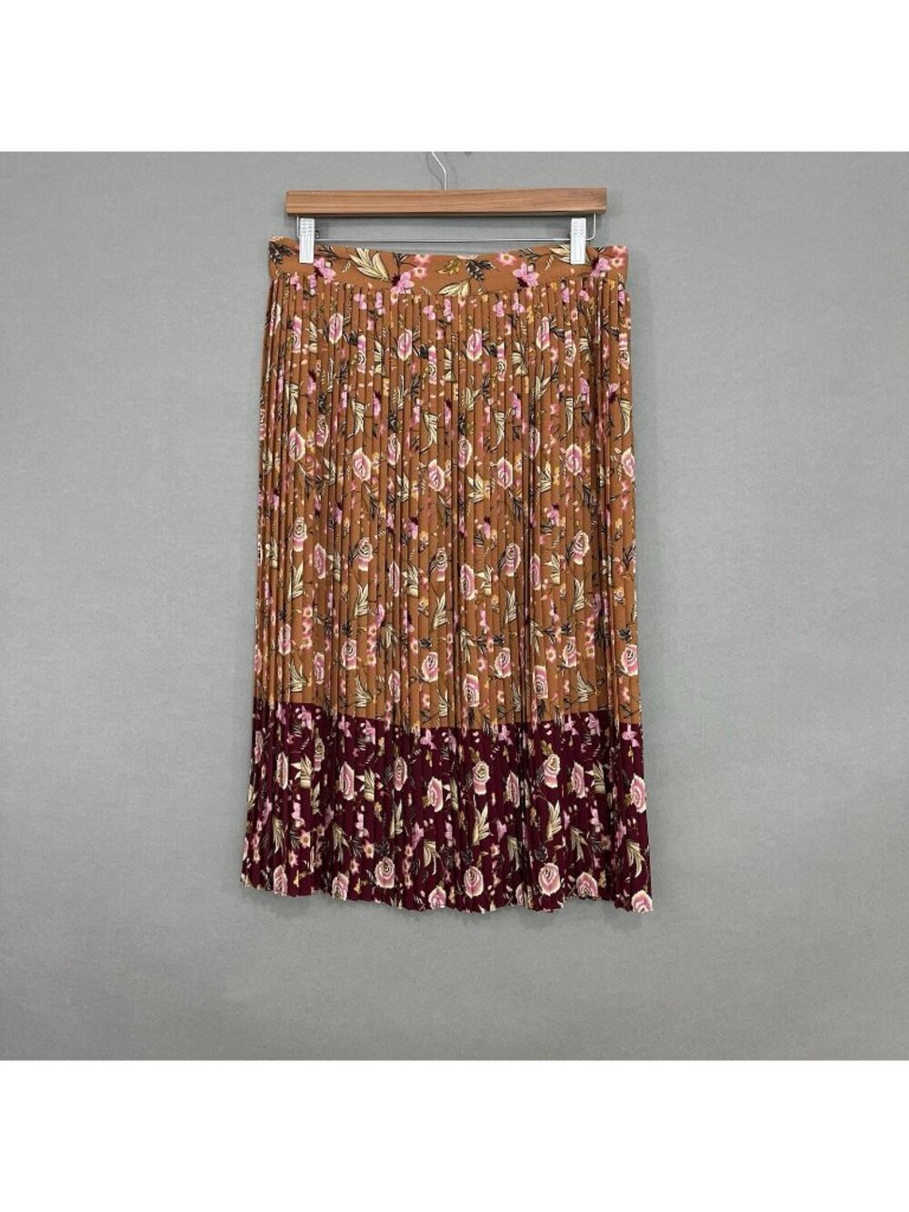 Loft Brown Pink Floral Pleated Cottage Core Midi A Line Skirt